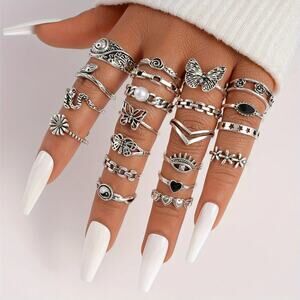 NEW 21pc Boho Ring Set – Retro Silver Stackable Rings, Flower Jewelry, Butterfly